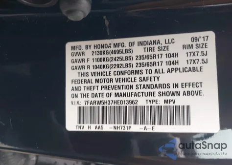 2017 Honda Cr-V Lx из США, поврежденный, VIN 7FARW5H37HE013962